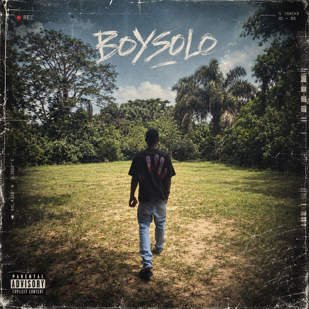 BOYSOLO EP cover: boysolo walking into a sunlit clearing, framed by worn film textures